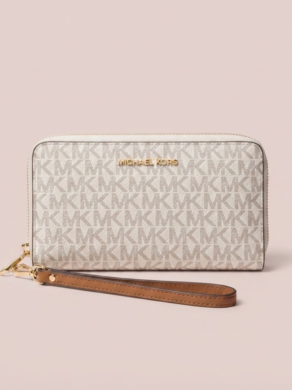 NWT Michael Kors White MK Logo Wristlet with Tan Strap